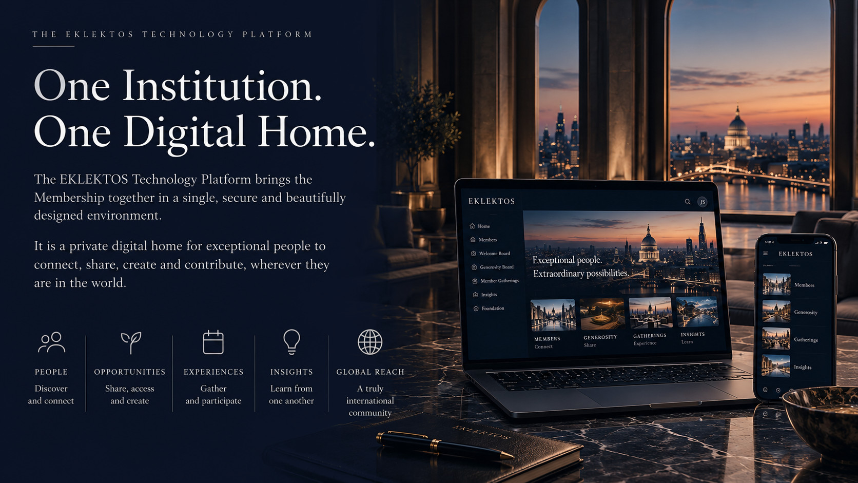 A penthouse study at dusk: an open laptop showing the private EKLEKTOS member platform beside a smartphone showing the companion app, on a dark marble desk before tall arched windows overlooking a city skyline.